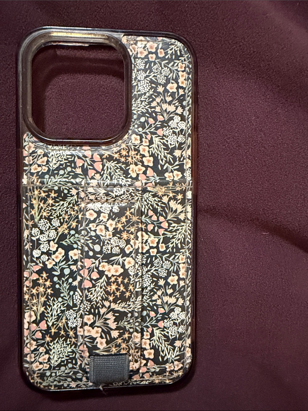 Floral Card Holder iPhone 15 Pro Case - Black with Peach & Cream Accents -
